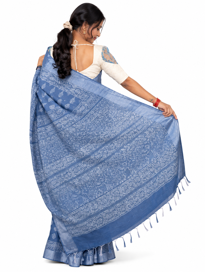 Powder Blue Cotton Block-Print Saree