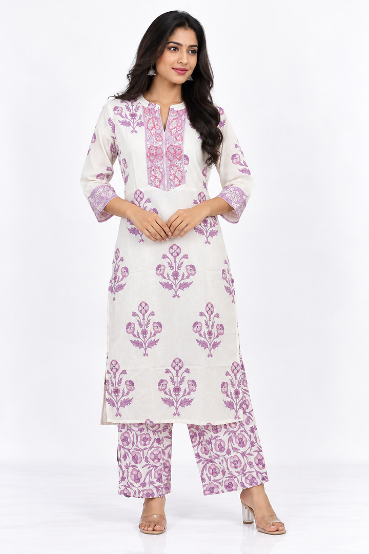 Cream Cotton Purple Floral Salwar Set