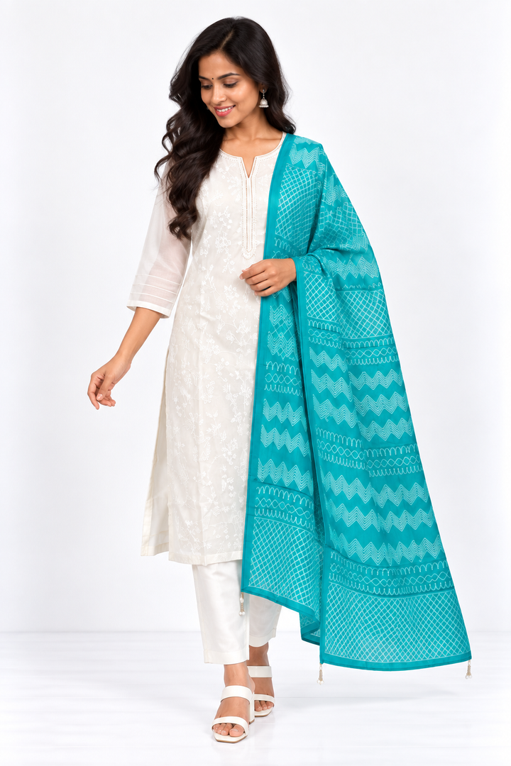 White Embroidered Salwar Set with Sky Blue Shibori-Print Dupatta