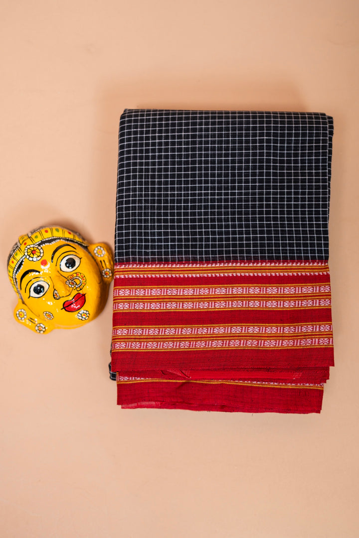 Patteda Anchu Cotton Saree – Black & Red Rudraksham Border
