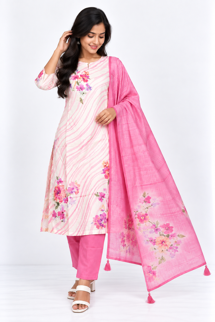White Silk-Finish Floral Salwar Set