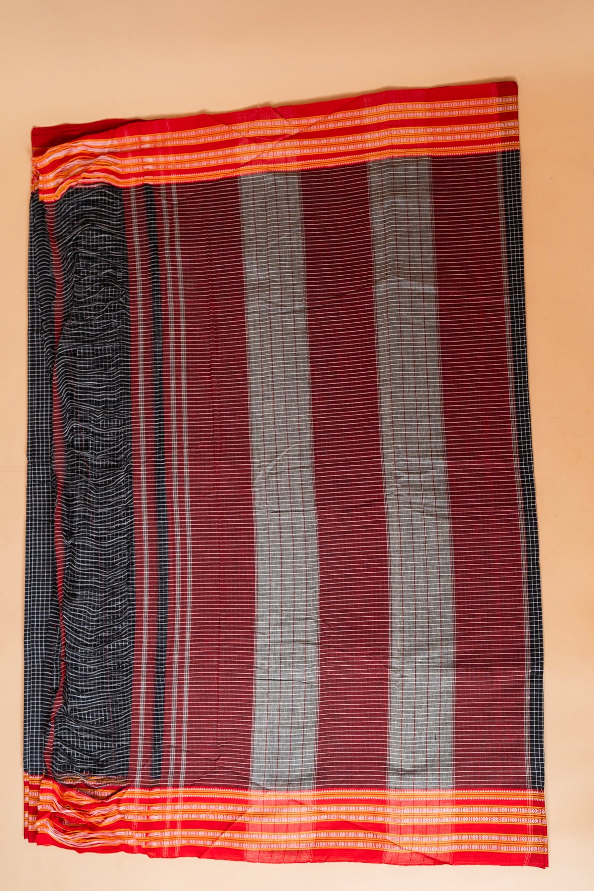 Patteda Anchu Cotton Saree – Black & Red Rudraksham Border