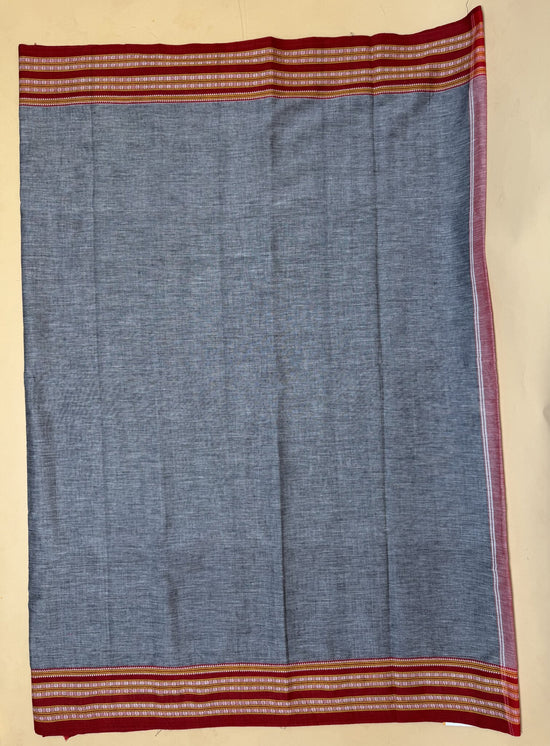 Patteda Anchu Cotton Saree – Grey & Red