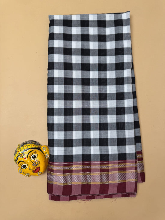 Pure Handloom Ilkal Saree – Black & White Checks with Red Border