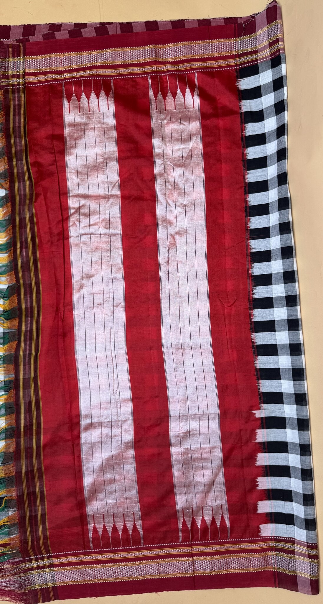 Pure Handloom Ilkal Saree – Black & White Checks with Red Border