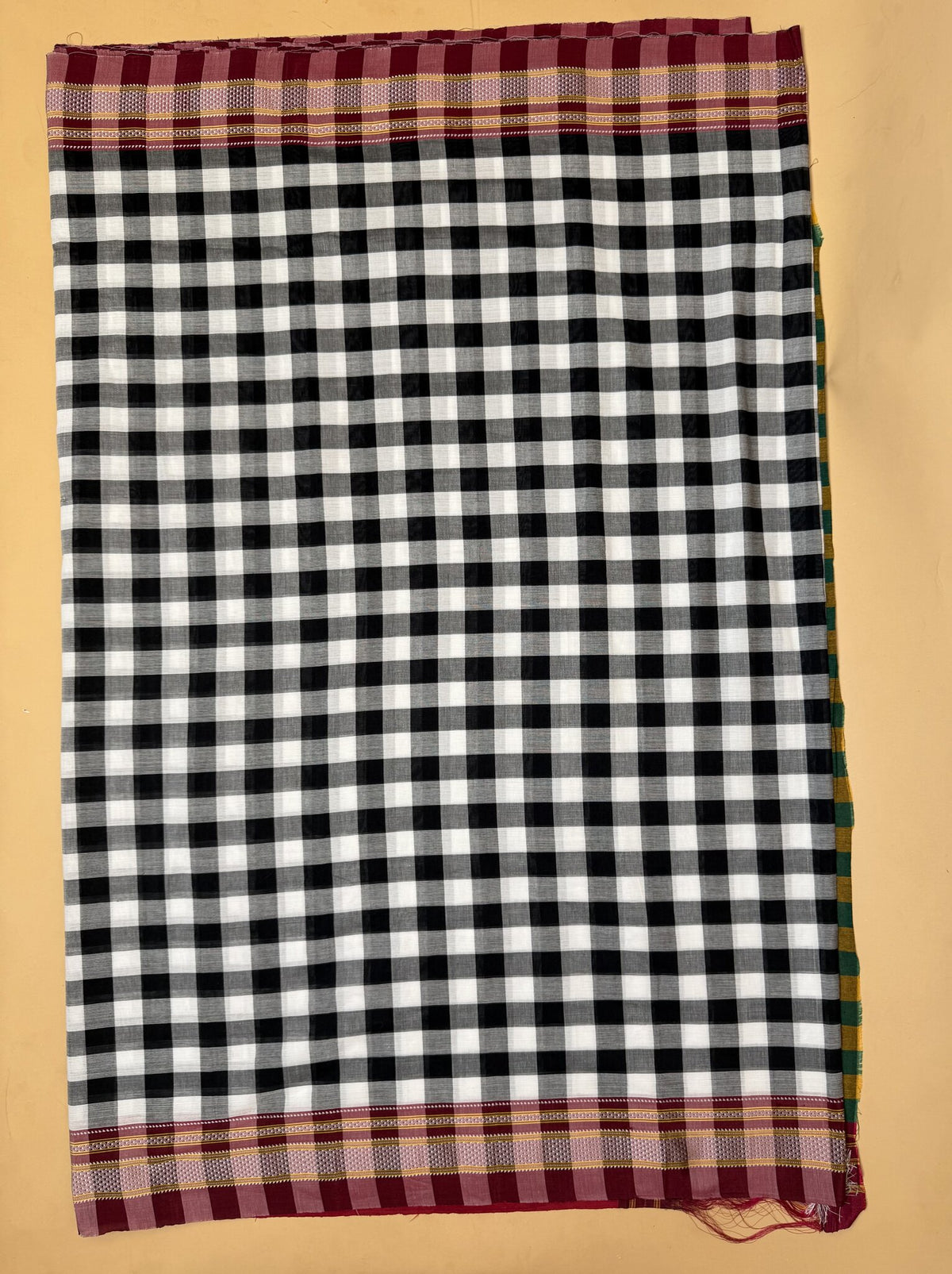 Pure Handloom Ilkal Saree – Black & White Checks with Red Border