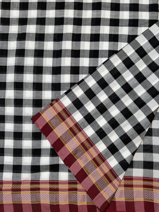 Pure Handloom Ilkal Saree – Black & White Checks with Red Border