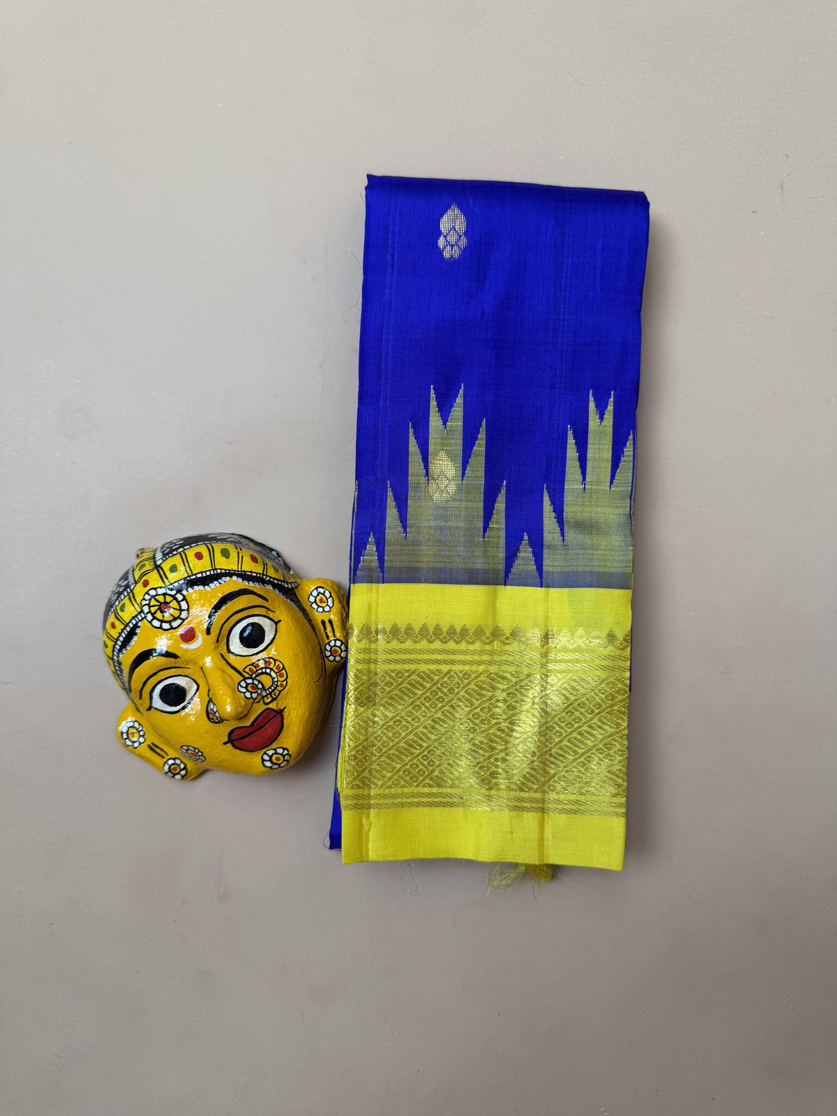 Pure Thirubuvanam Silk Saree – MS Blue with Yellow Temple Border