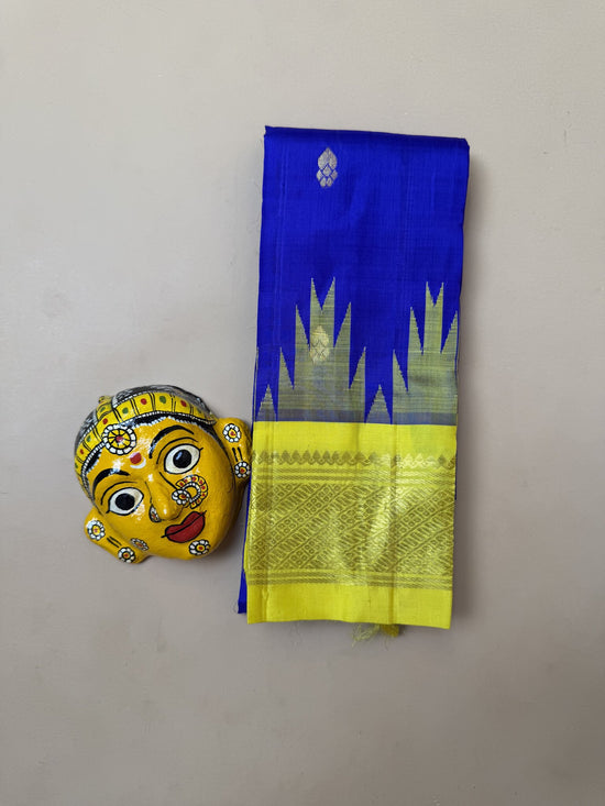 Pure Thirubuvanam Silk Saree – MS Blue with Yellow Temple Border