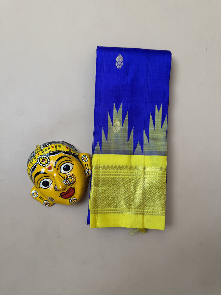 Pure Thirubuvanam Silk Saree – MS Blue with Yellow Temple Border