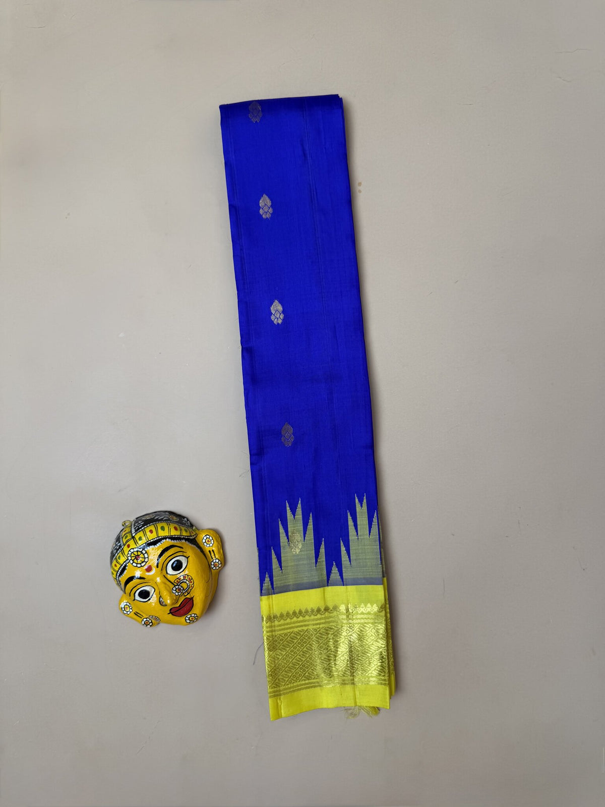 Pure Thirubuvanam Silk Saree – MS Blue with Yellow Temple Border