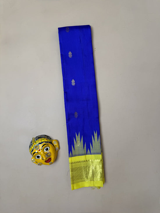 Pure Thirubuvanam Silk Saree – MS Blue with Yellow Temple Border