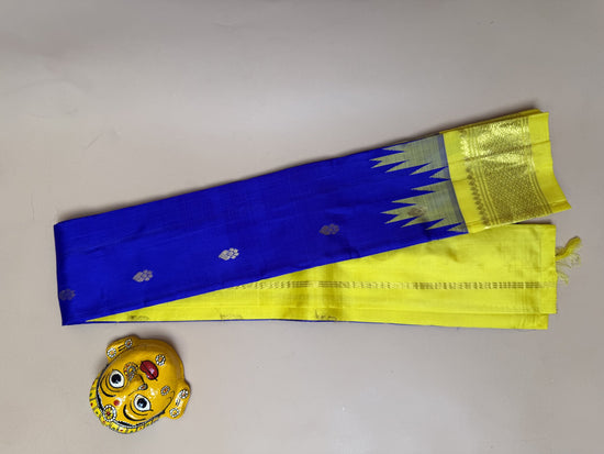 Pure Thirubuvanam Silk Saree – MS Blue with Yellow Temple Border