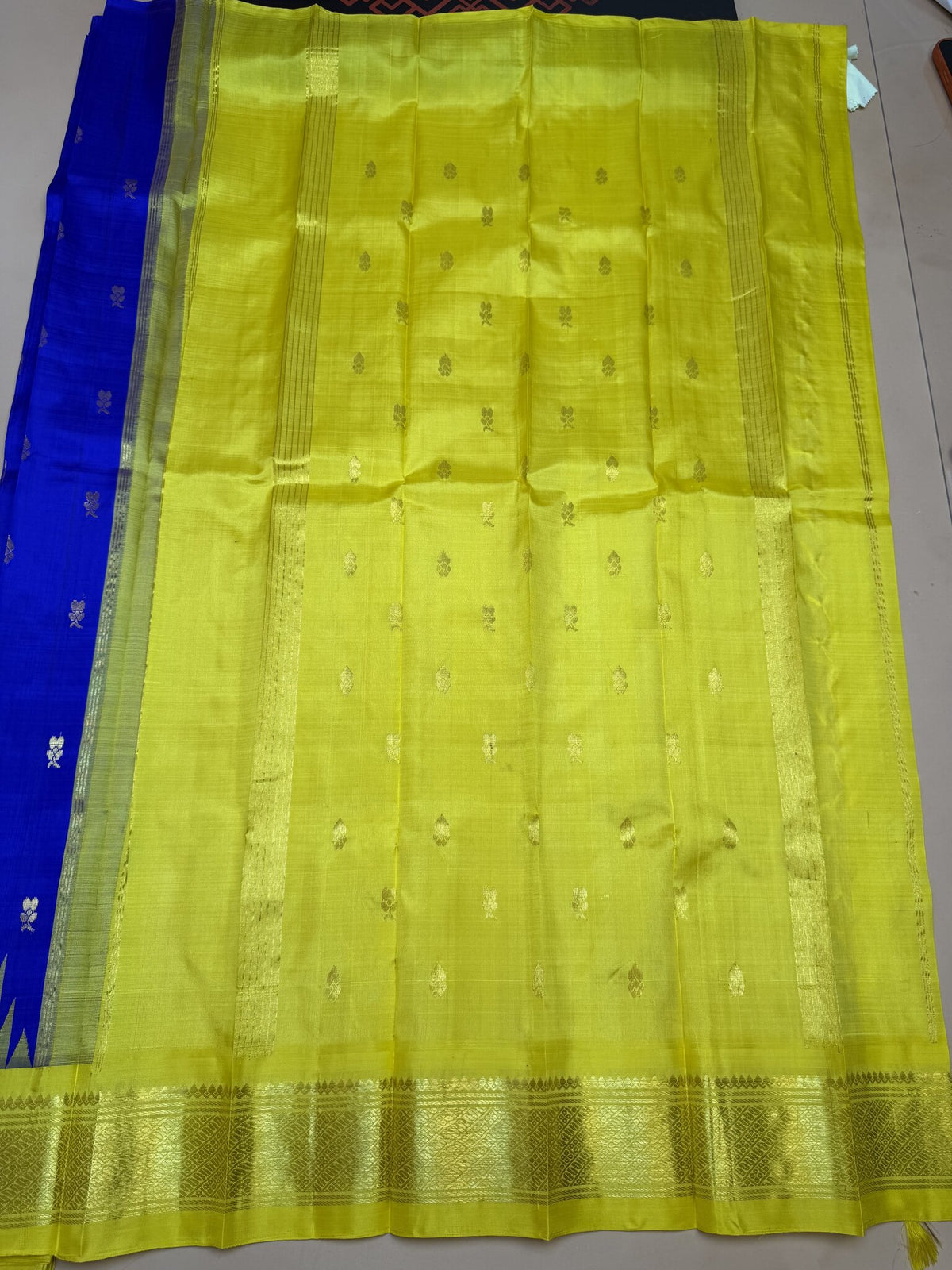 Pure Thirubuvanam Silk Saree – MS Blue with Yellow Temple Border