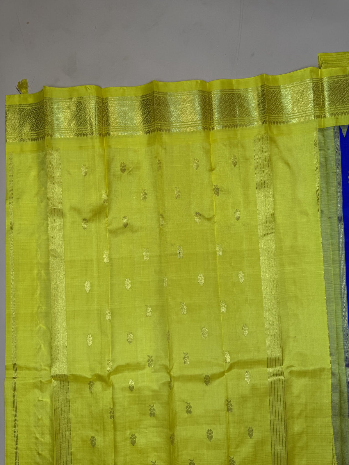 Pure Thirubuvanam Silk Saree – MS Blue with Yellow Temple Border