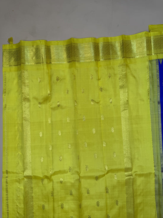 Pure Thirubuvanam Silk Saree – MS Blue with Yellow Temple Border