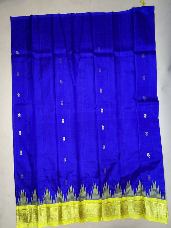 Pure Thirubuvanam Silk Saree – MS Blue with Yellow Temple Border