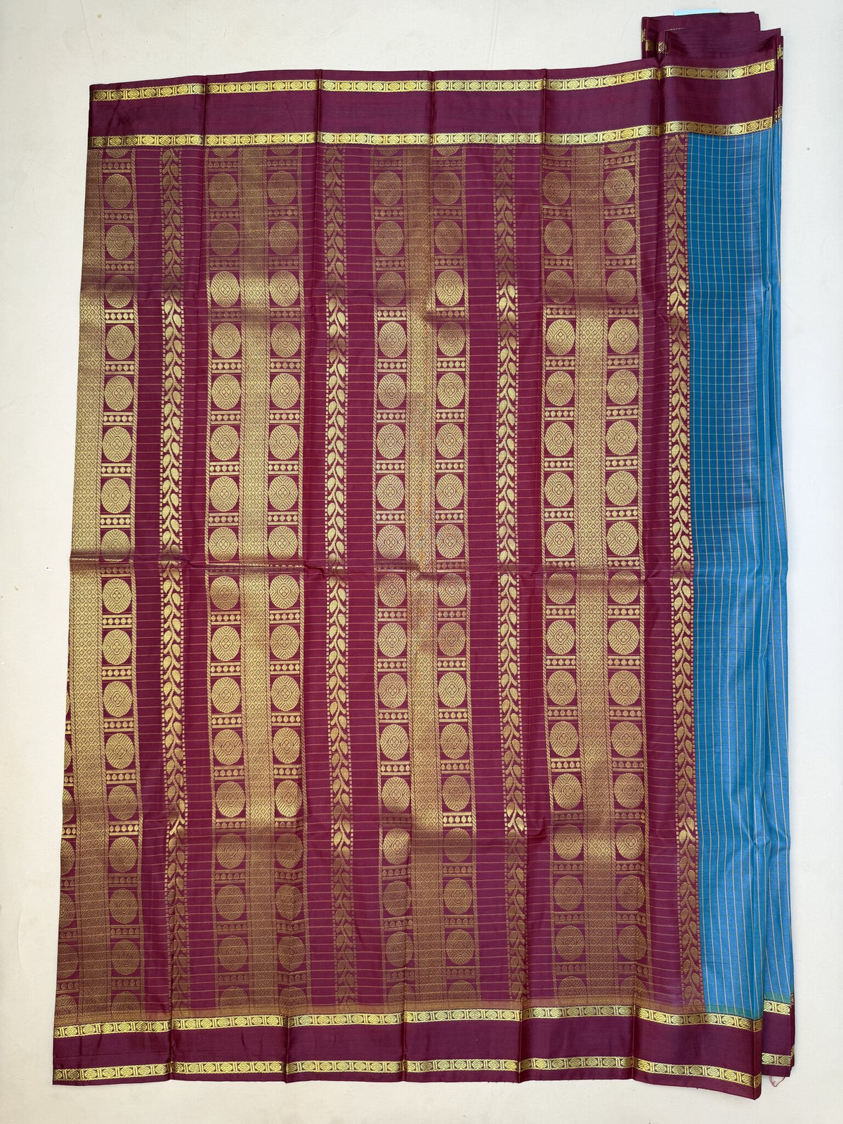 Soft Semi-Silk Saree in Teal Blue and Maroon
