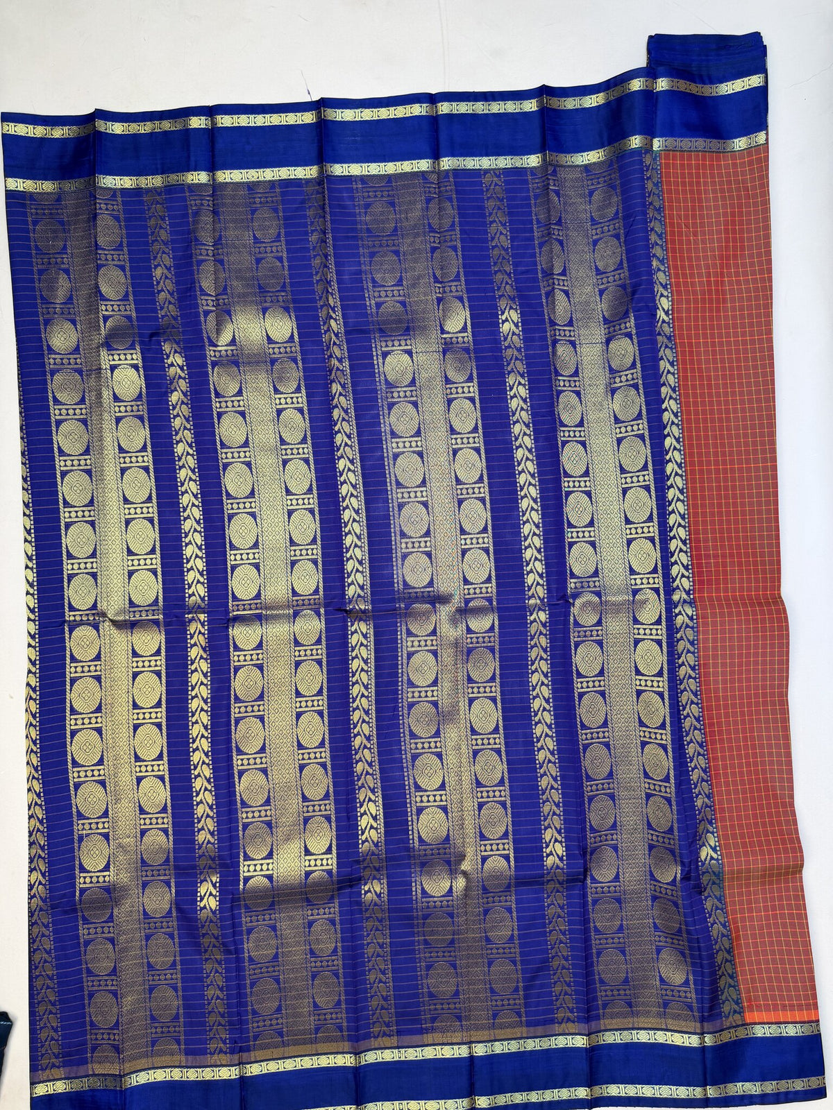 Soft Semi-Silk Saree in Rust Orange and Blue