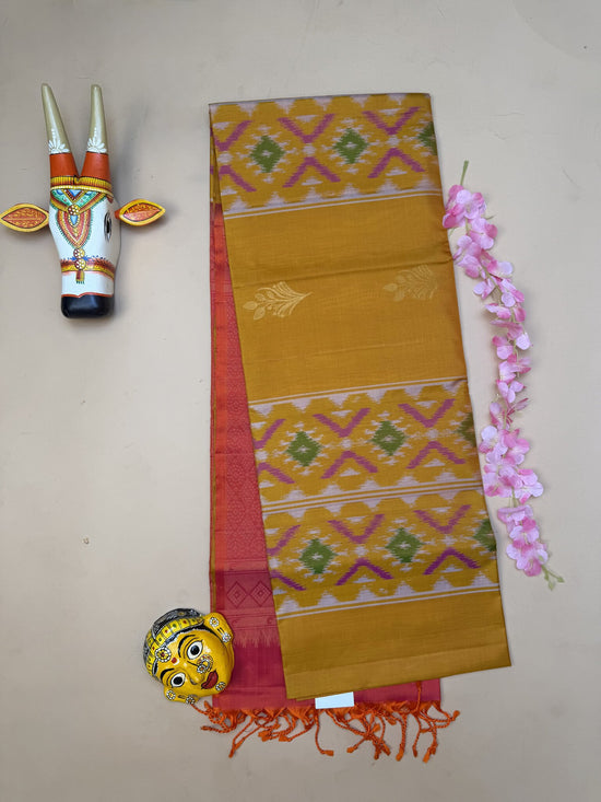 Pure Kanchipuram Yellow Silk Saree with Ikkat Weave