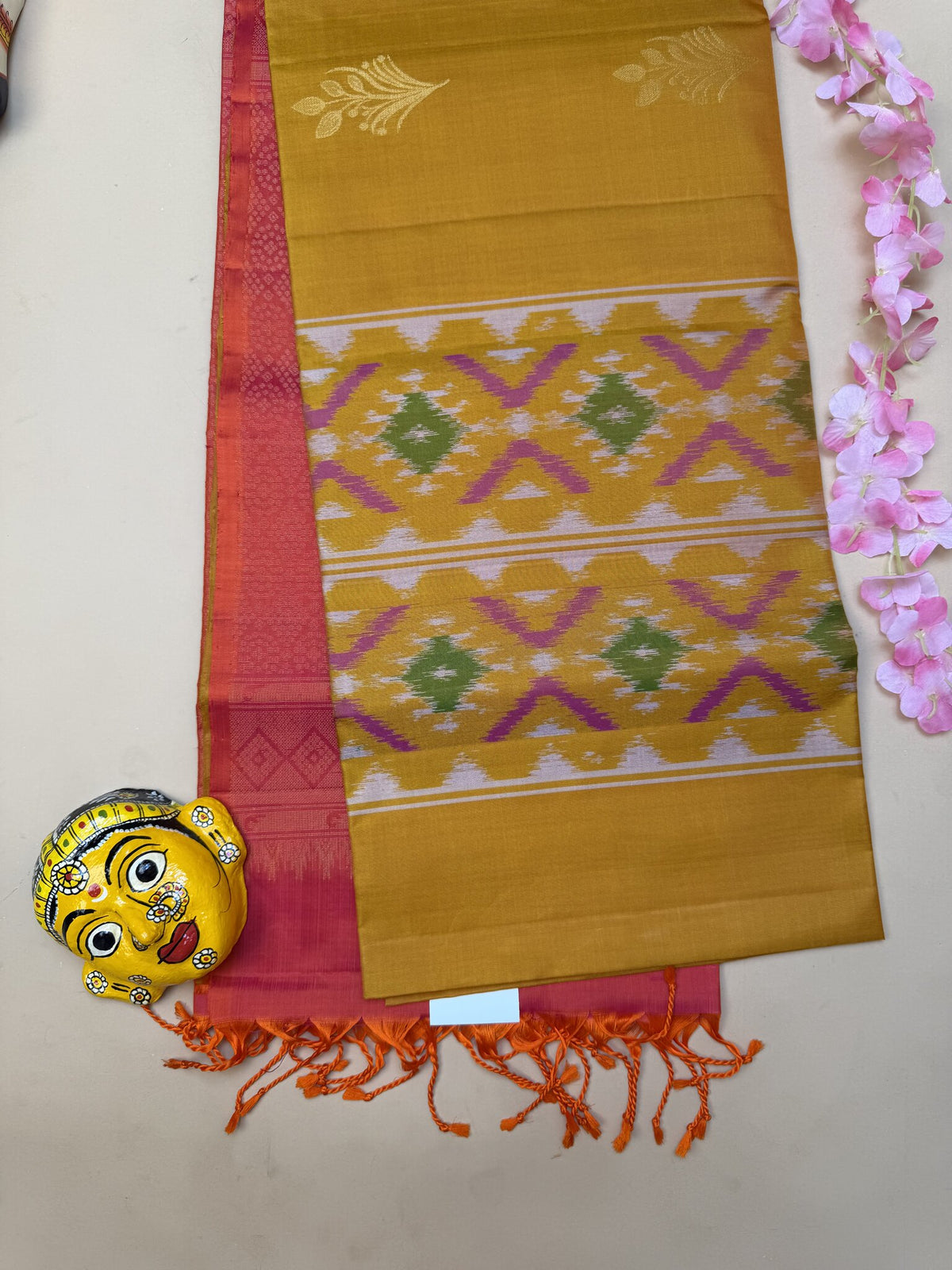 Pure Kanchipuram Yellow Silk Saree with Ikkat Weave