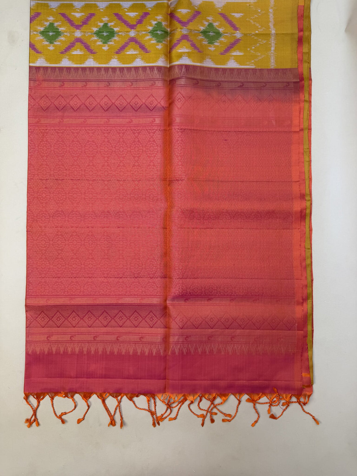 Pure Kanchipuram Yellow Silk Saree with Ikkat Weave