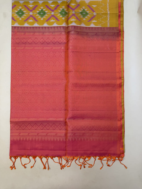Pure Kanchipuram Yellow Silk Saree with Ikkat Weave