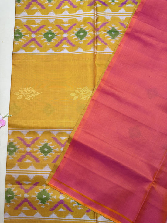 Pure Kanchipuram Yellow Silk Saree with Ikkat Weave