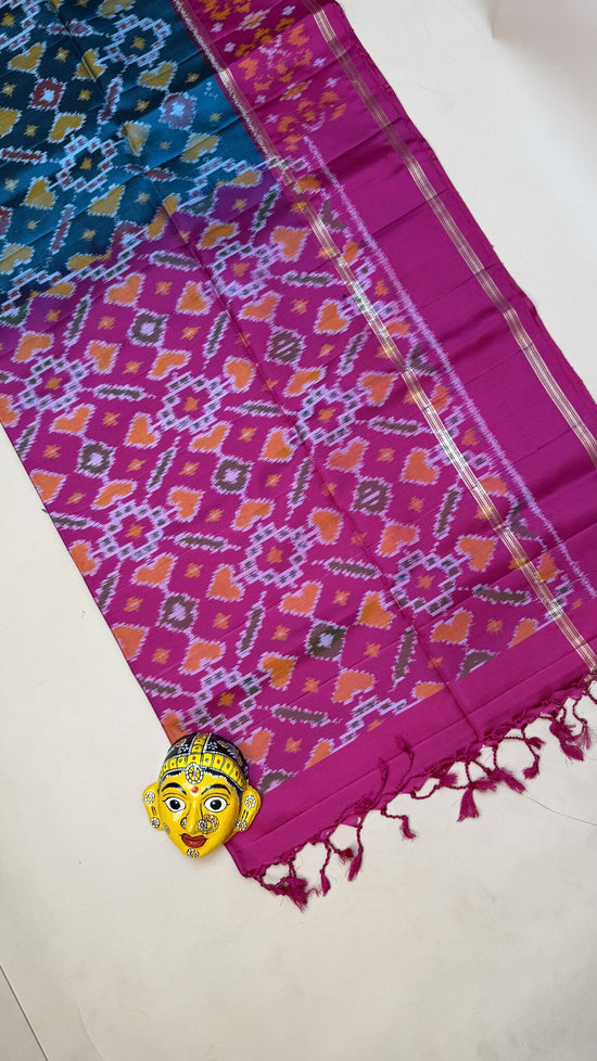 Pure Kanchipuram Pink & Blue Ikkat Weave Saree
