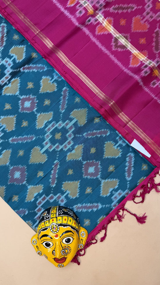 Pure Kanchipuram Pink & Blue Ikkat Weave Saree