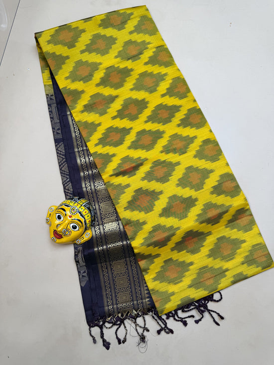 Pure Pochampally Saree – Yellow & Snuff Brown