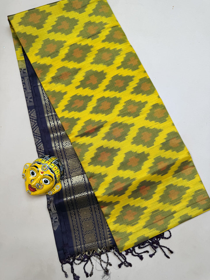 Pure Pochampally Saree – Yellow & Snuff Brown