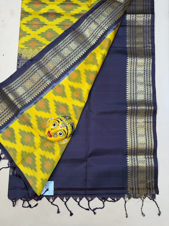 Pure Pochampally Saree – Yellow & Snuff Brown