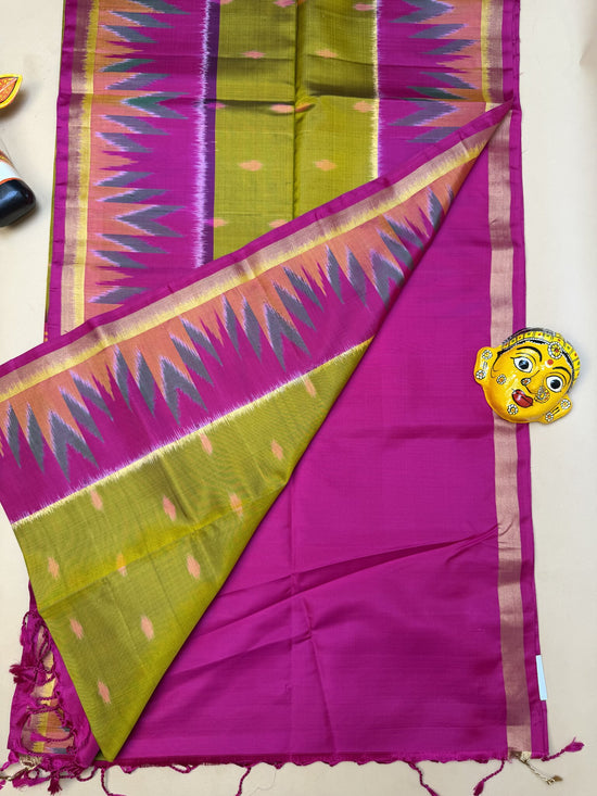 Pochampally Mehendi Green and Rani Pink Saree