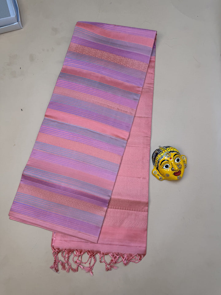 Pure Kanchipuram Silk Saree – Pastel Pink Striped Weave