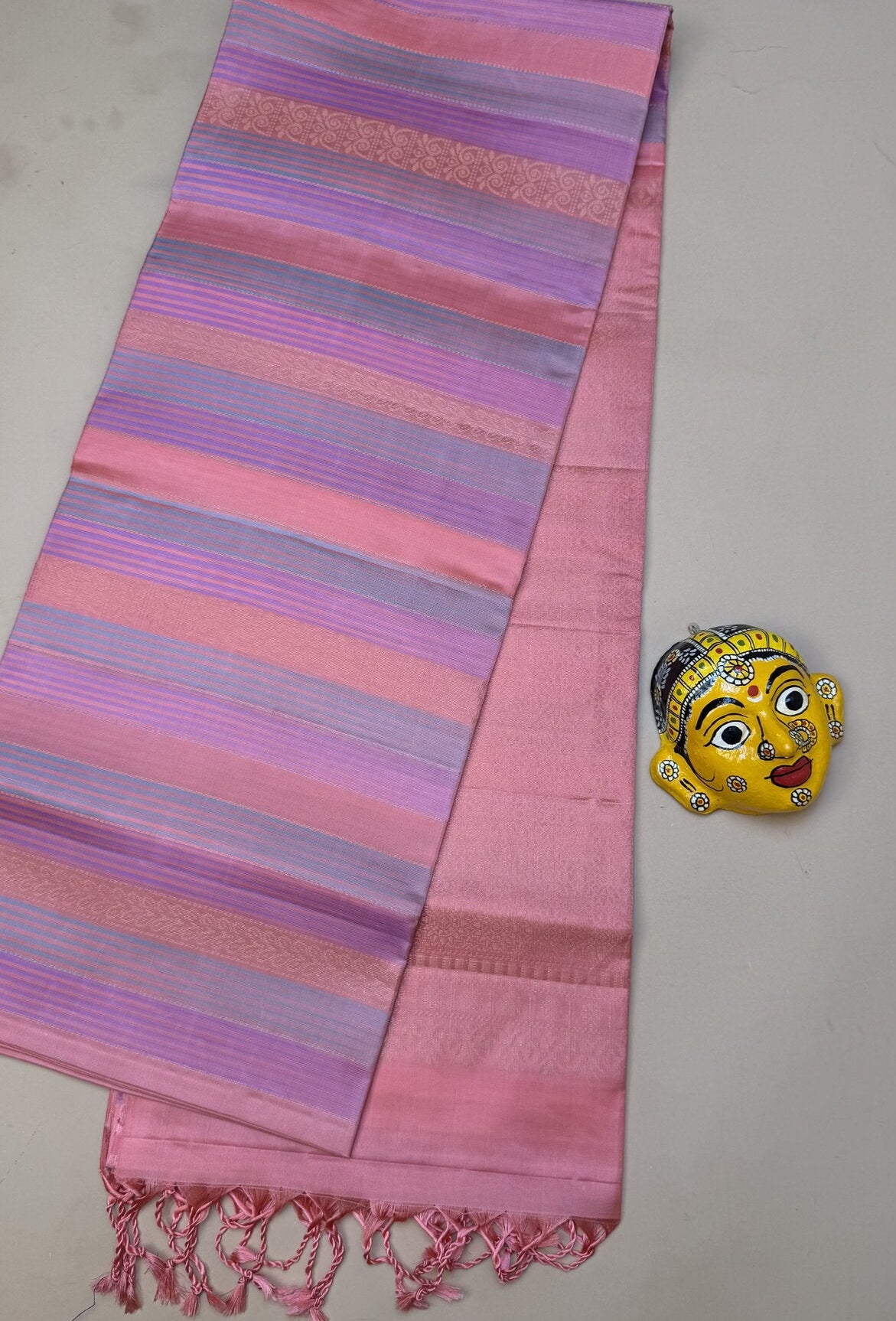 Pure Kanchipuram Silk Saree – Pastel Pink Striped Weave