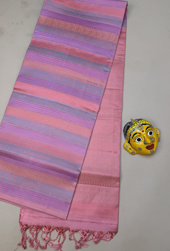Pure Kanchipuram Silk Saree – Pastel Pink Striped Weave