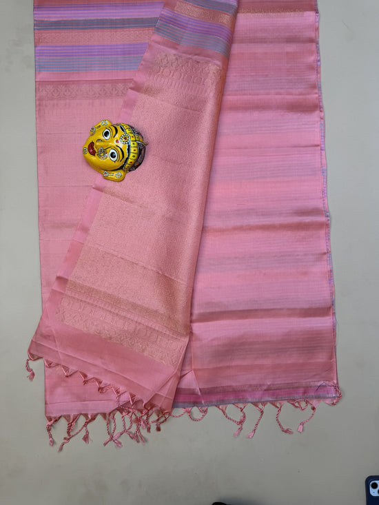 Pure Kanchipuram Silk Saree – Pastel Pink Striped Weave