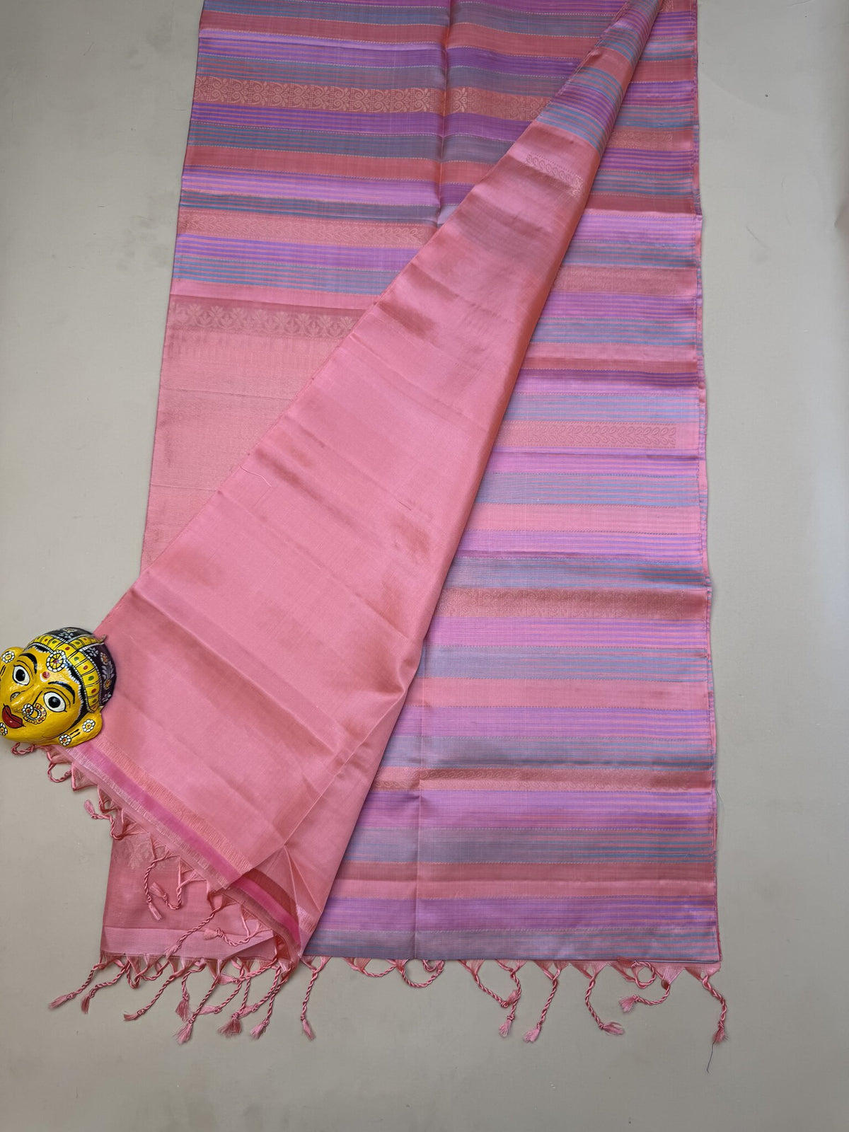 Pure Kanchipuram Silk Saree – Pastel Pink Striped Weave