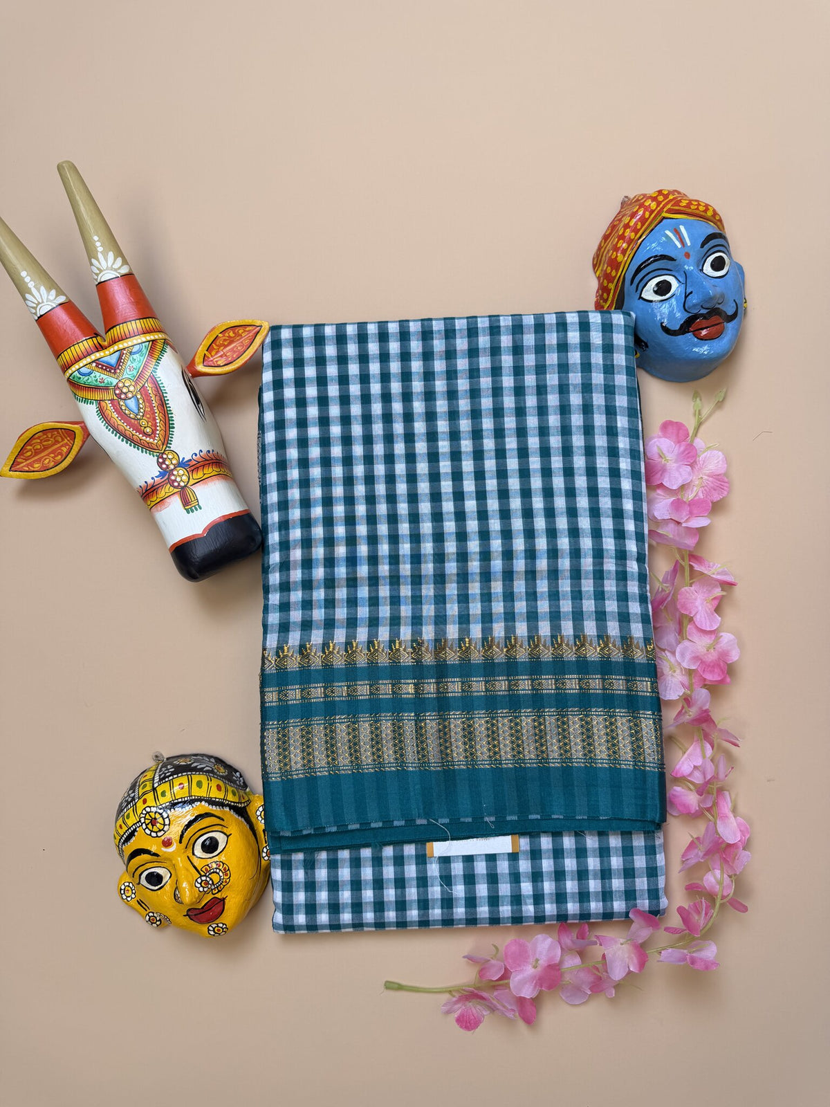 Teal Green Tum Tum  Check Ilkal  Saree