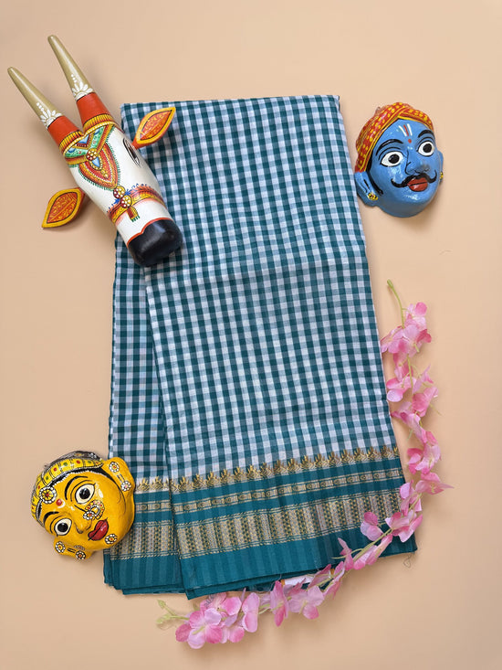 Teal Green Tum Tum  Check Ilkal  Saree