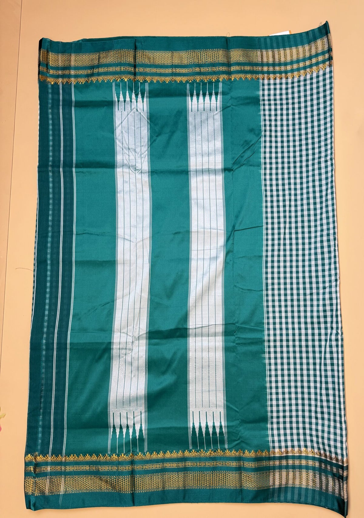 Teal Green Tum Tum  Check Ilkal  Saree