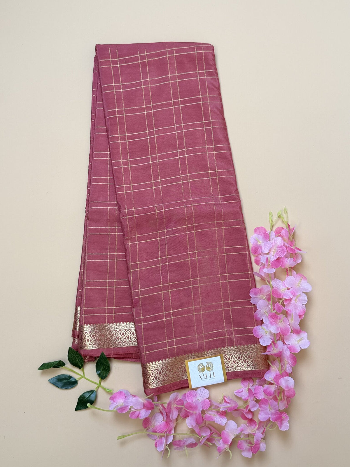 Pastel Pink Check Semi Crepe Silk Saree