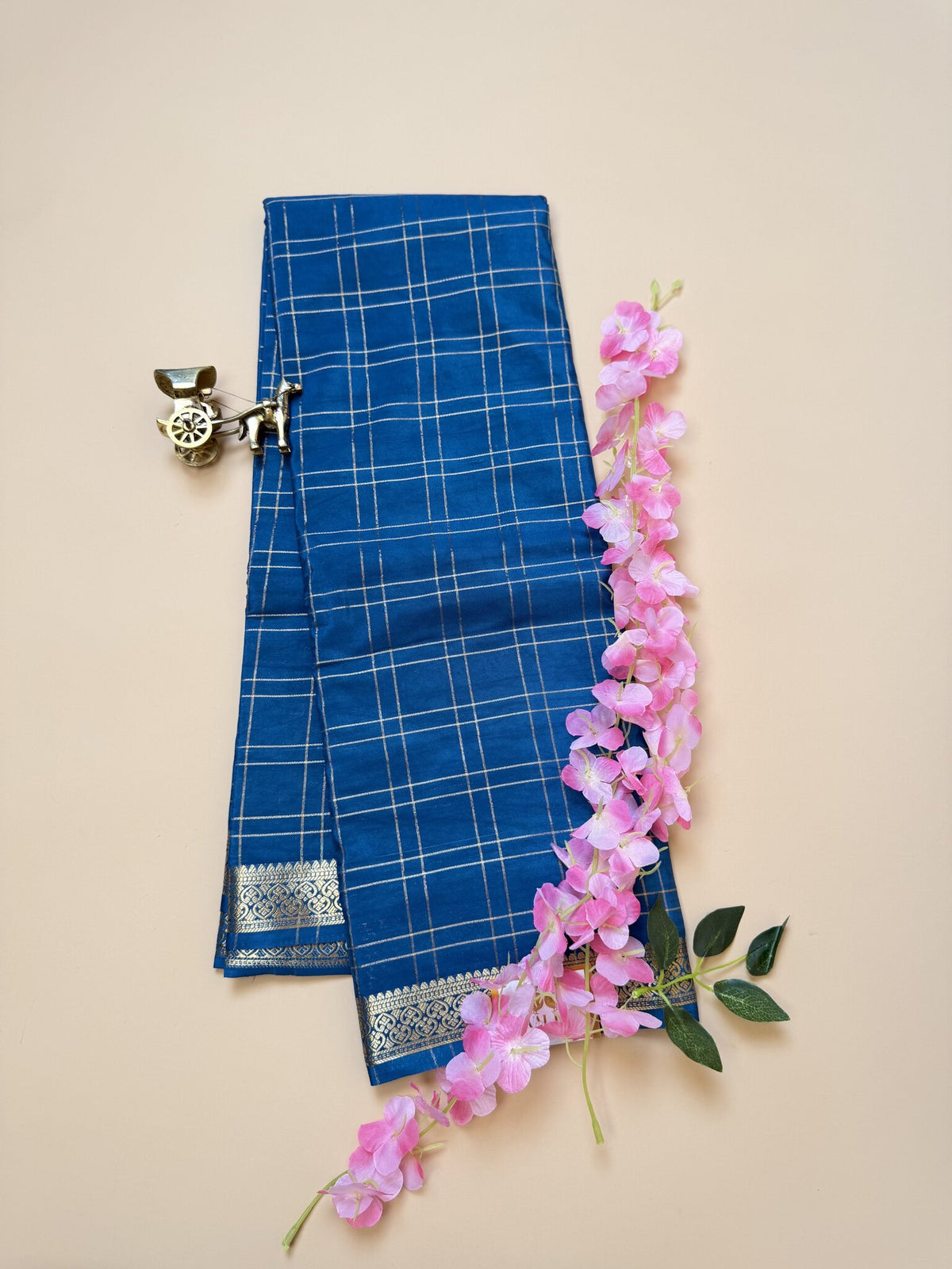 Teal Blue Check Semi Crepe Silk Saree