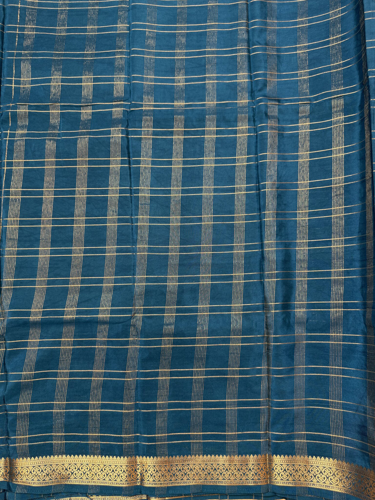 Teal Blue Check Semi Crepe Silk Saree