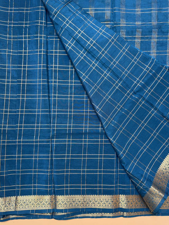 Teal Blue Check Semi Crepe Silk Saree