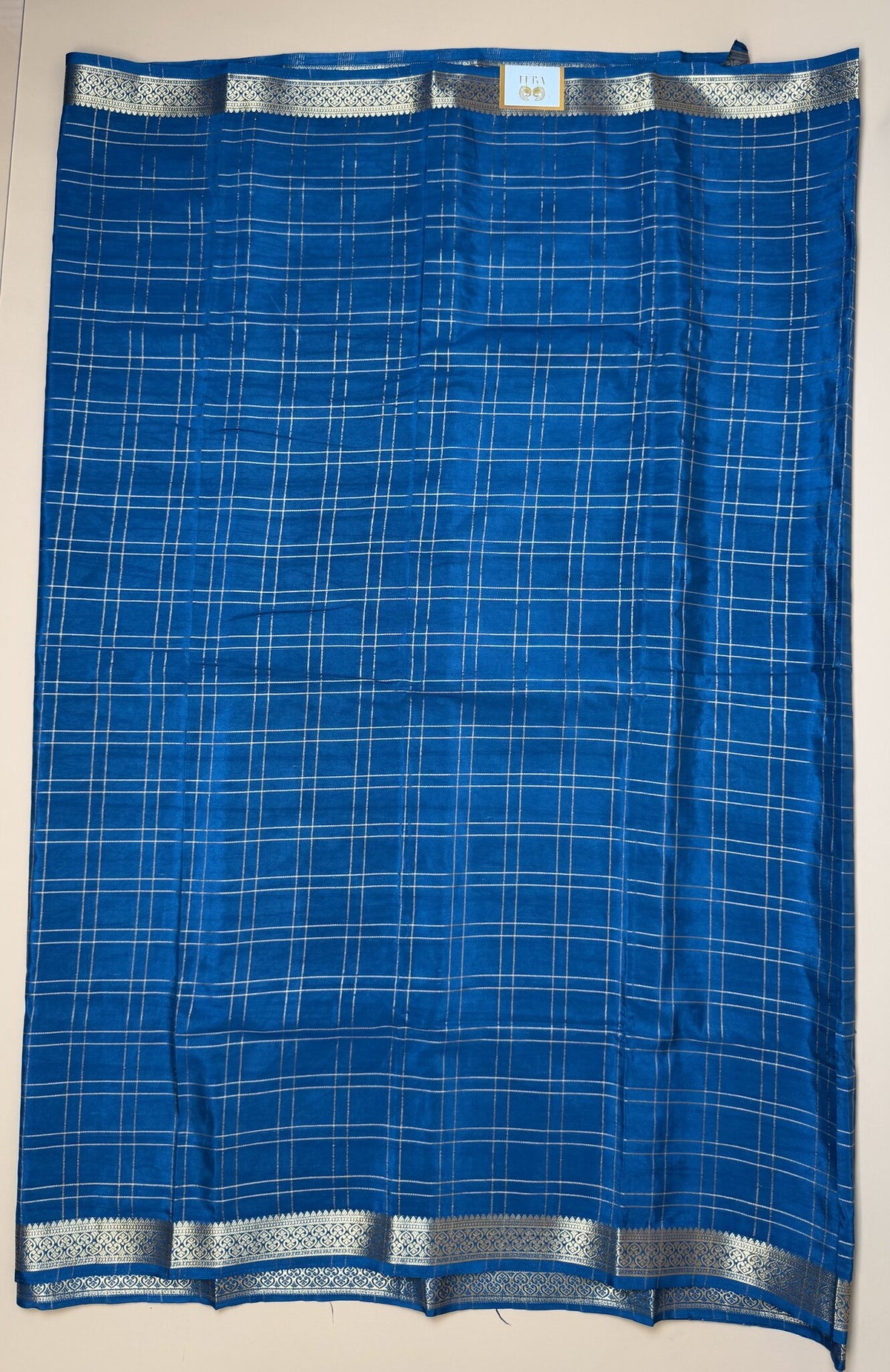 Teal Blue Check Semi Crepe Silk Saree