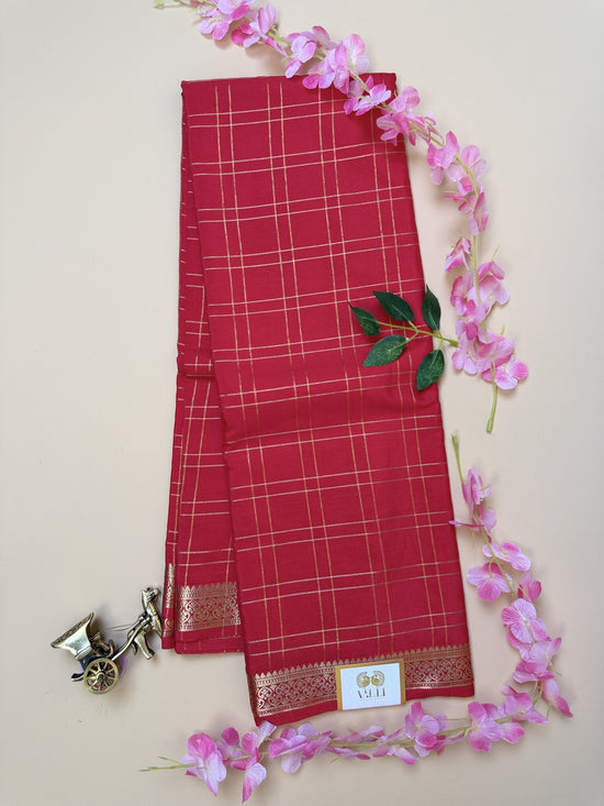 Red Check Semi Crepe Silk Saree