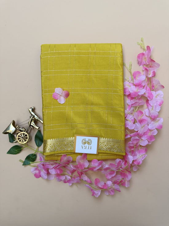 Yellow Check Semi Crepe Silk Saree