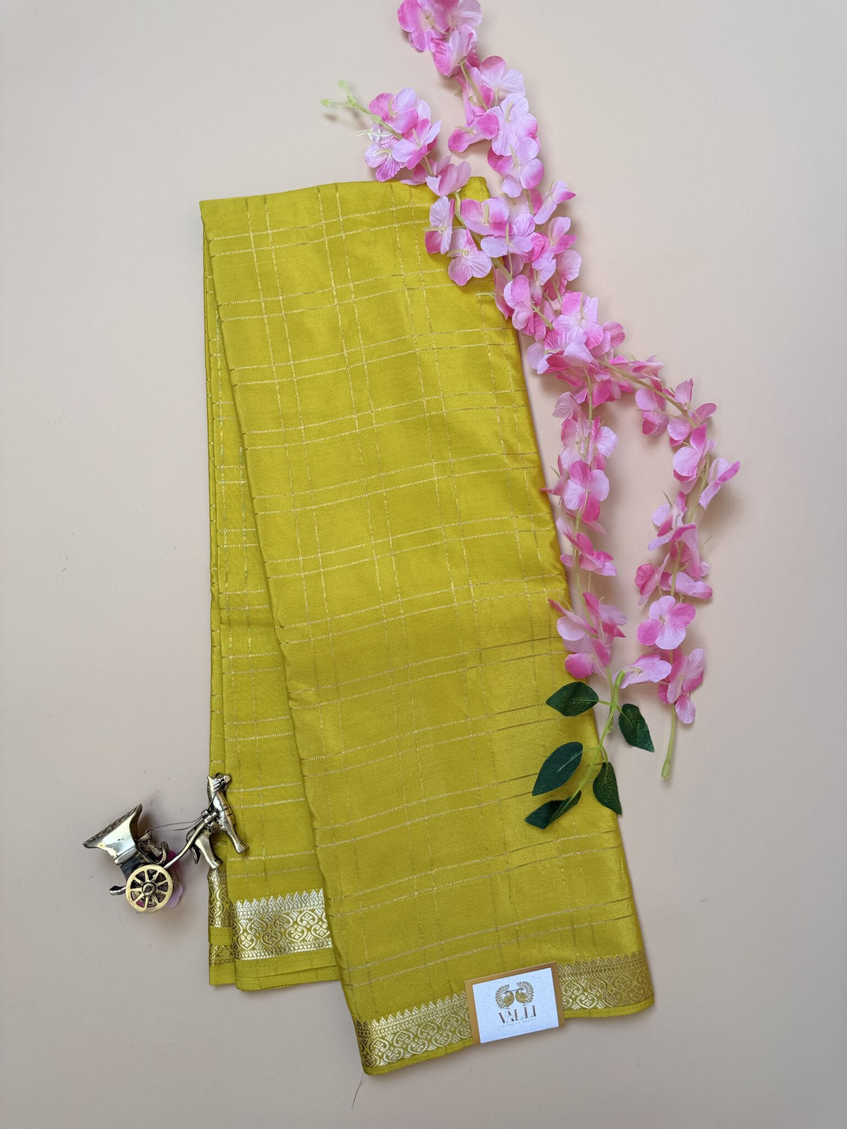 Yellow Check Semi Crepe Silk Saree